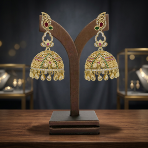 Elegant AD Gold Plated Jumki Earrings Luxury Artificial Trendy Fashion Jewelry for Party Traditional AD Jumki Jewelry Export - Product Image 1