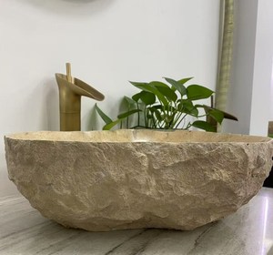 Lavabo de salle de bain intérieur/extérieur en marbre beige poli de forme irrégulière, design moderne, écologique, résistant à l'eau AQ534-B - Product Image 6