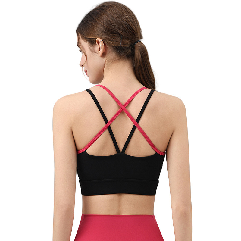Breathable Cross Straps Sexy Backless Fitness Yoga Crop Tops Contrast Color Shockproof Running Sports Bra Workout Tank Top