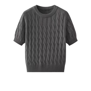 2025 OEM Supplier's Custom Women's <strong>Thin</strong> Cropped Sweater <strong>Jumper</strong> <strong>Ladies</strong> Casual Short-Sleeved Pullover with Twisted Cable Knit Crew Neck - Product Image 3