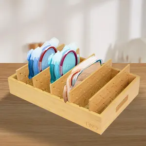 Wholesale Bamboo Storage Baskets Box Organizer Pantry Lid Holder 5 Adjustable Dividers for Cabinets Food Storage Container