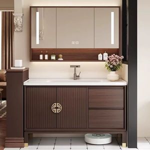 Meuble de salle de bain en chêne avec vasque intégrée en céramique, vasque intelligente, combinaison meuble-lavabo et miroir - Product Image 1