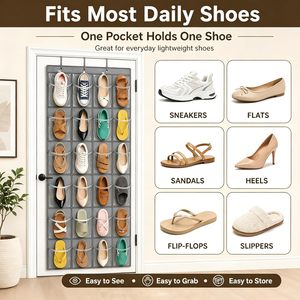Over The Door <b>Shoe</b> Organizer 24 Pockets Gray Metal <b>Hooks</b> Multifunctional Storage Rack For <b>Shoes</b> Closet Door Wall Mount - Product Image 3