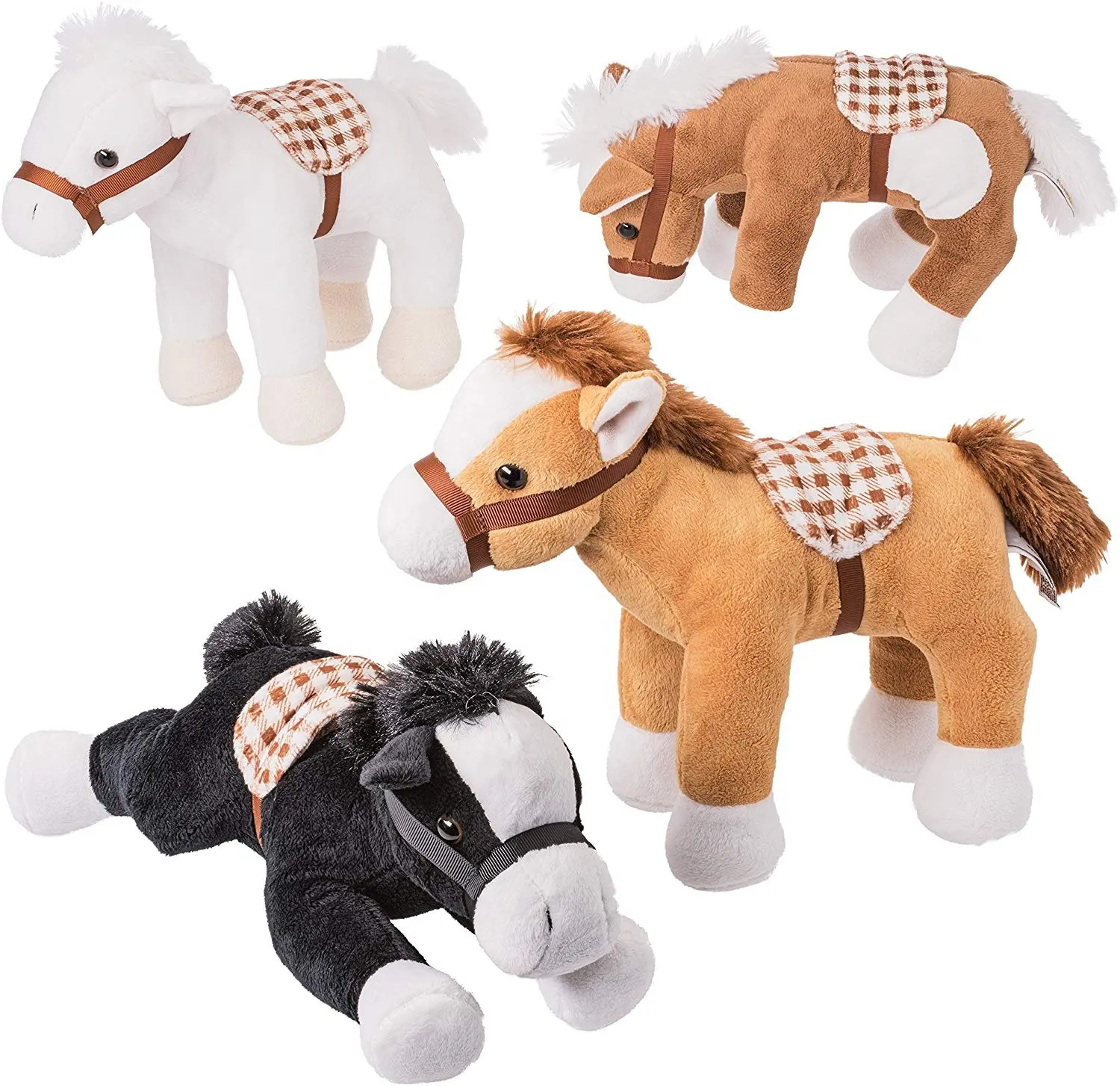 Promotional stuffed plush horse animal toys with custom logo soft brown white black plush farm animal toys plush horses