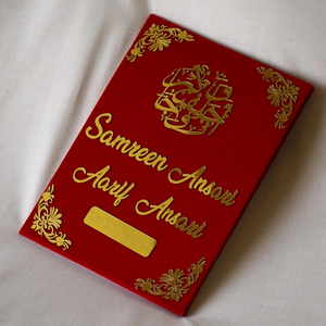 Letras acrílicas doradas 3D, folleto personalizado Nikah Nama, certificado de nombre de signo <span class=keywords><strong>Nikkah</strong></span> con invitaciones de boda de terciopelo blanco - Product Image 5