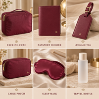 Kit d'organisation de voyage d'affaires personnalisé avec logo, comprenant un porte-passeport cubique, une étiquette de bagage, une pochette pour câbles, un masque de sommeil et une bouteille – Fournisseur d'entreprise