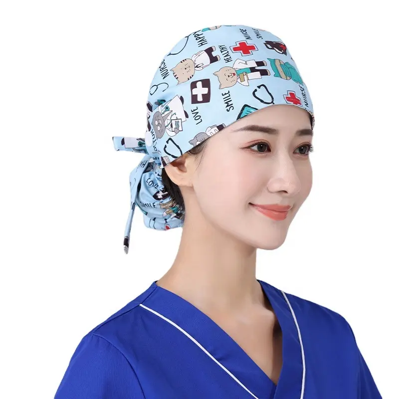 % 100% pamuk bayanlar Anti-saç bonesi hastane üniforması baskılı Scrub hemşire şapka pet hemşirelik scrubs caps saten astarlı şapka güzellik hastane