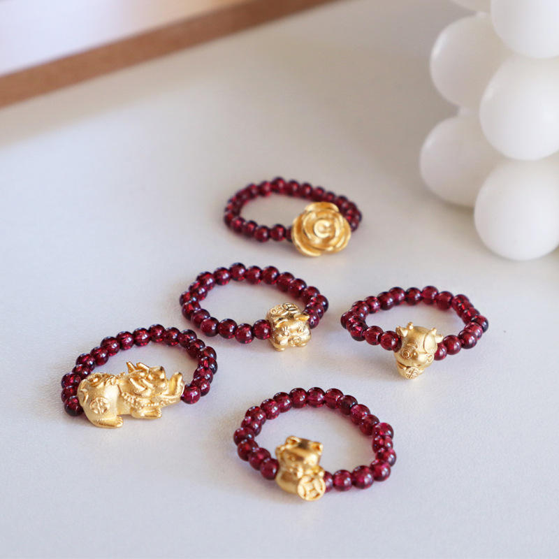 Anillo Feng Shui Pixiu Good Luck Gold Wealth Pixiu Ring No Fade Beaded Red  Natural Stone Adjustable Garnet Ring