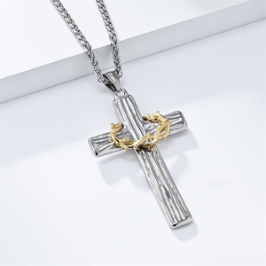 Hot-selling 3mm Width <b>Chain</b> New Product Street Wear Style Pendant Personality Wreath Wood <b>Cross</b> Charm Necklace - Product Image 2