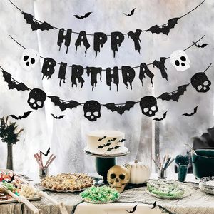 Striscione Nero Glitterato 'Buon Compleanno' per Halloween, Adesivi 3D a Forma di Pipistrelli e Teschi per Decorazioni di Feste Horror - Product Image 4