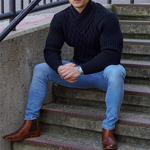 Suéteres para hombres <span class=keywords><strong>Slim</strong></span> <span class=keywords><strong>Fit</strong></span> Medio <span class=keywords><strong>cuello</strong></span> <span class=keywords><strong>alto</strong></span> Retro Hooked Flower Sweater Camisa de punto de manga larga de color sólido para hombres - Product Image 2