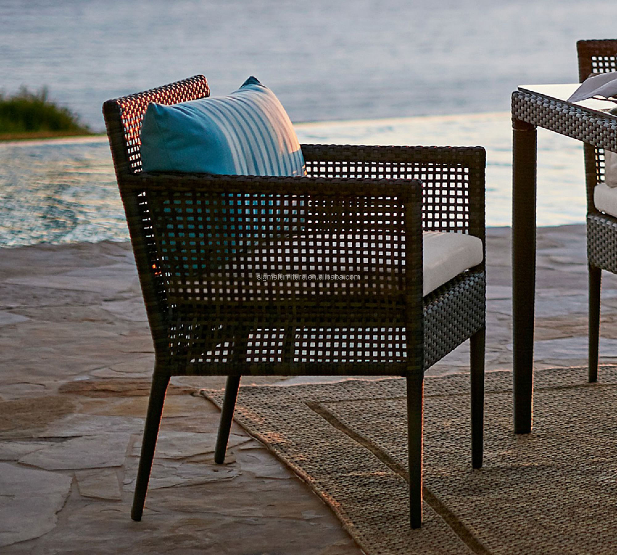 Modern beach restaurant luxury garden outdoor rattan dining armchair waterproof wicker dining chair