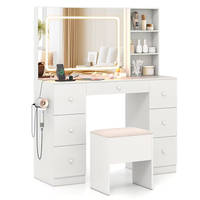 Coiffeuse de chambre moderne en bois d'ingénierie avec miroir et éclairage LED, ensemble table de maquillage et tabouret pour maison et appartement
