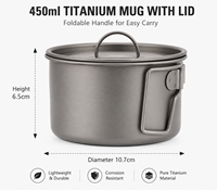 Bol de camping en titane pur de 450 ml avec couvercle - Marmite de cuisson extérieure ultralégère et portable avec poignée pliable - Vente en gros OEM/ODM