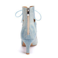 Bottes de danse jazz professionnelles pour femmes en jean bleu, à bout ouvert, découpées, talons aiguilles, fermeture éclair arrière, semelle extérieure en cuir véritable, style latin