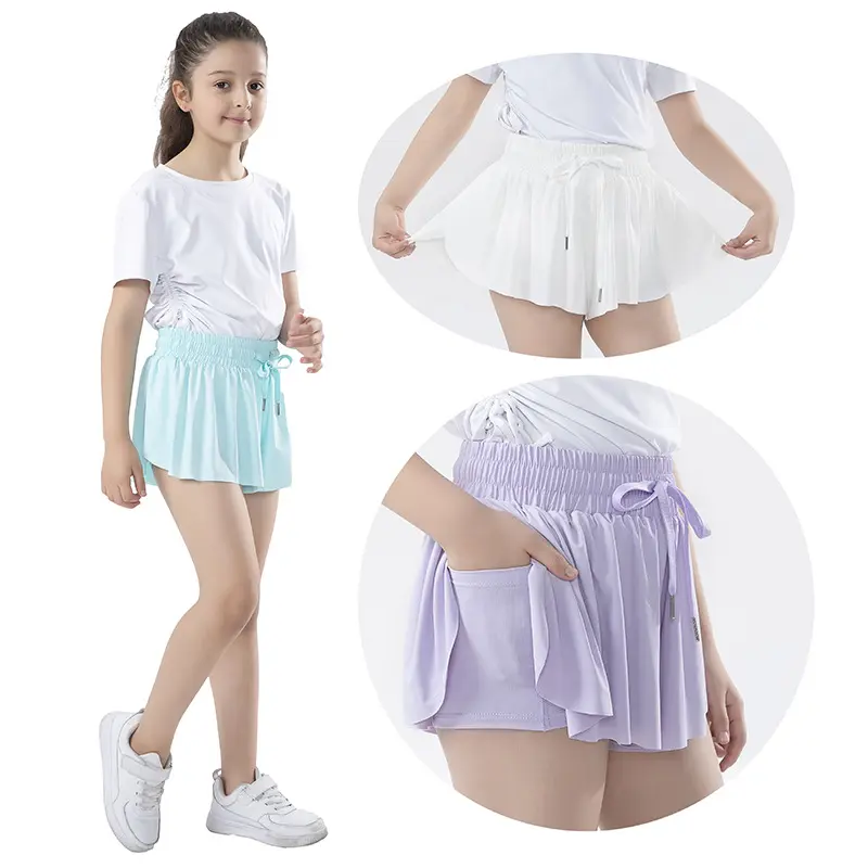 New Children Tennis Skirt Girls Solid Sports Shorts With Pockets Customized 2 In 1 Kids Yoga Skirt