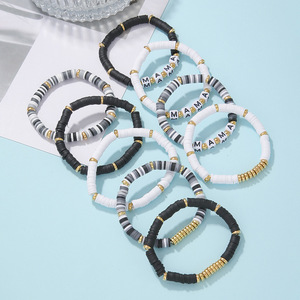 Polymer Clay Beaded <b>Bracelet</b> Set Black <b>White</b> Gold Mama Letter Elastic Stackable Women Gift Jewelry Spring 2025 - Product Image 2