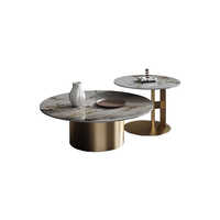 Ensemble de tables basses rondes contemporaines modernes en or pour salon, avec tables d'appoint en métal, style panneau de bois