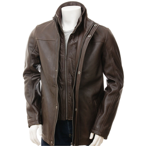 Chaqueta de Moto para Hombre de Cuero Genuino Marrón, Cuello Alto, Cierre de Cremallera, Corte Regular, Estilo Urbano para Invierno - Product Image 1