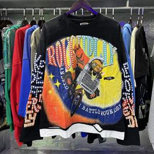 T-shirt vintage imprimé décontracté, effet usé et délavé, style urbain déchiré à manches longues pour hommes et femmes - Product Image 5