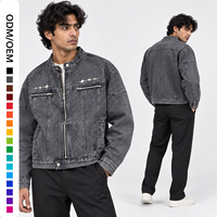 Veste en jean en coton personnalisée pour homme, OEM ODM, faible MOQ, manches longues, col montant, fermeture éclair, design utilitaire, poches zippées, coupe classique