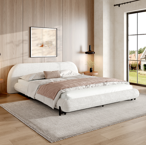 Cadre de lit moderne réglable Queen Size rembourré en tissu bouclé avec pieds en acier, blanc, luxueux et idéal pour appartement - Product Image 1