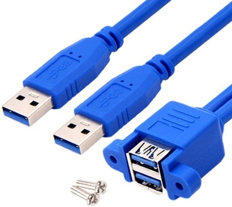 Dual Ports USB 3.0 a Male to USB Female Extension Screw Lock Panel Mount Cable