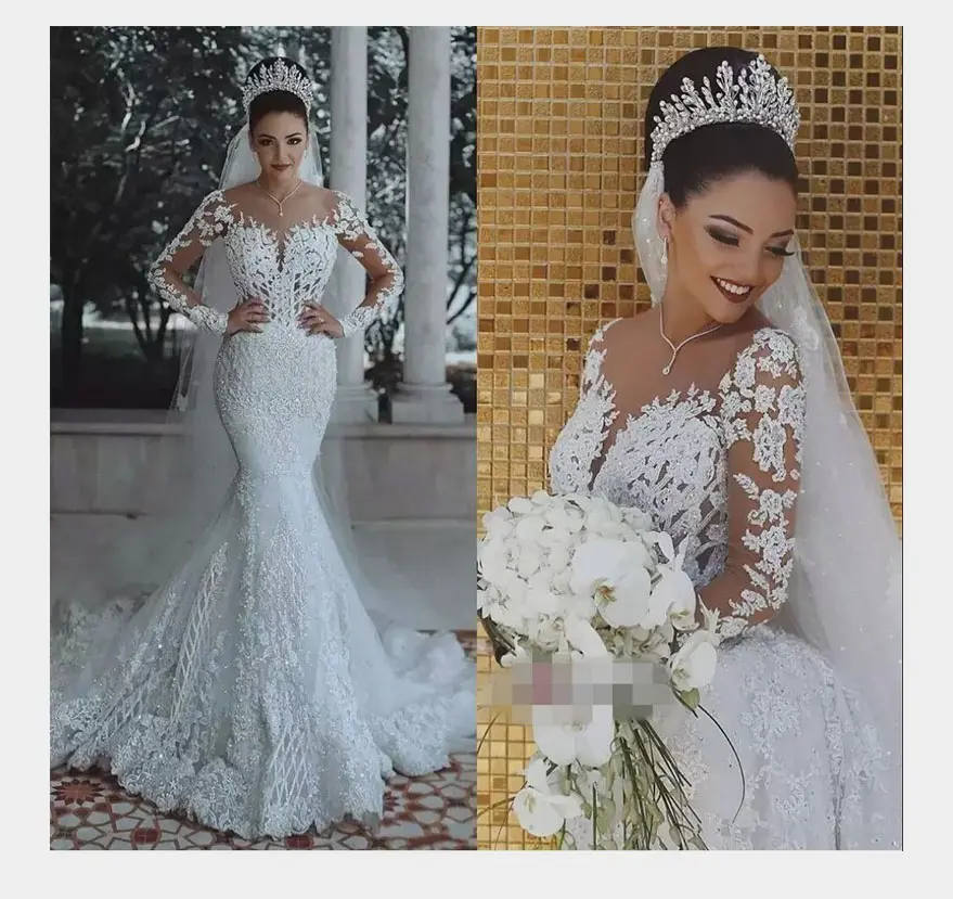 High Quality Sexy Mermaid Wedding Dress Long Sleeves Applique Beaded Middle Modest Bridal Wedding Gowns Dresses
