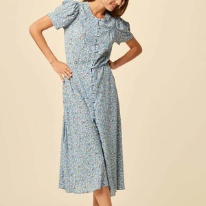 Robe mi-longue pour femmes, vêtements style des années <span class=keywords><strong>1920</strong></span>, tissu imprimé et texturé à rayures avec panneau floral et plissage au couteau, robe mi-longue - Product Image 5