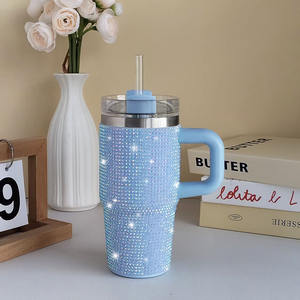 แก้วกาแฟแบบมีหูจับ ขนาด 14 ออนซ์ ประดับเพชรหลากสี แบบขายส่ง พร้อมฝาปิดและหลอดดูด - Product Image 5