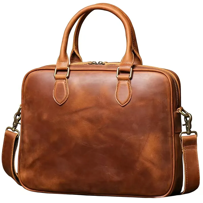 Wholesale Vintage Crazy Horse Leather Men Briefcase Lawyer One Shoulder Messenger Bag Office Brown Leather Handbag Men Laptop