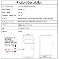 Adaptateur d'alimentation certifié CE GS CB ETL SAA RCM UL1310 24V 2A 48W AC - DC avec prise EU pour appareils ménagers et pilotes LED