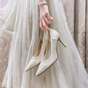 Chaussures à talons hauts en cristal, talons aiguilles, maille à paillettes, sexy, pour mariée, demoiselle d'honneur, chaussures de mariage en dentelle, escarpins pour soirée - Product Image 2
