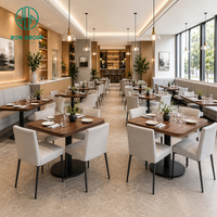 Ensemble de mobilier commercial Ron Group pour hôtels et restaurants : banquette en tissu, chaise rembourrée, table carrée en bois durable