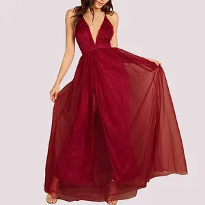 Summer Women's Sexy Solid Color Deep V Neck Slip Dress Party Evening Dress Cross Backless Tulle Casual Dresses Clothing Woman