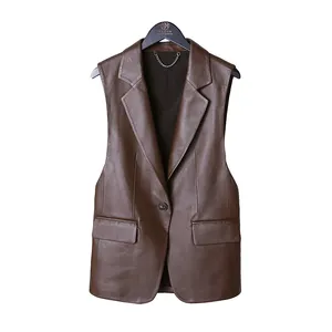 Women's Blazer Collar Sleeveless Sheepskin Formal Vest One Button Genuine Leather Waistcoat Vest