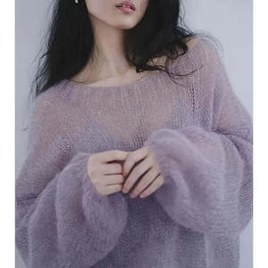 Pull à épaules dénudées violet clair S, haut en tricot duveteux pour femme - Product Image 2