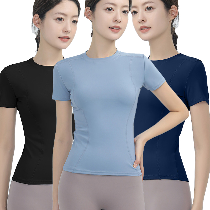Custom Logo Women's Sports Fitness Tight-Fitting Running Sweat-Wicking Quick-Dry Top Slimming Fitted Yoga Short-Sleeved T-Shirt