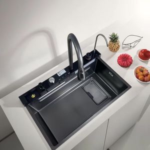 Évier de cuisine en acier inoxydable fait main, design en relief de baleine et de <span class=keywords><strong>volcan</strong></span>, grand bac de récupération des résidus, robinet, évier simple à quatre trous - Product Image 4