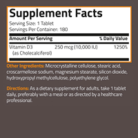 Yüksek Potensli Vitamin D3 10000IU Tabletler Doğal Enerji Takviyesi Bağışıklık, Kemik, Kas ve Diş Sağlığını Destekler 180 Tablet