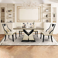 Ensemble de table à manger en cuir et marbre de luxe, 6 places, table à manger moderne avec plateau en marbre et ensemble de chaises