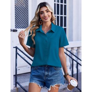 Women Blouses Short Sleeve Button Down Shirt Poplin Fabric Work Business Casual Spring Summer <b>Top</b> - Product Image 3