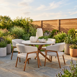Modern <b>Round</b> Teak Dining <b>Table</b> Set with 4 Upholstered Chairs Scandinavian Style Outdoor Furniture for Hotel & Courtyard Use - Product Image 2