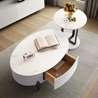 Ensemble de table basse ovale en bois et marbre de luxe moderne, salon gris avec tiroirs, meubles extensibles, design élégant et moderne