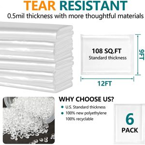 Plastico Drop Cloth 9x12 Feet 0.5MIL <b>Waterproof</b> <b>Paint</b> Protect 6 Pack - Product Image 2