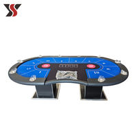 Table de poker Texas carrée sur piétement personnalisée YS OEM, double feutre bleu et noir, 10 porte-gobelets, forme de rein, style casino