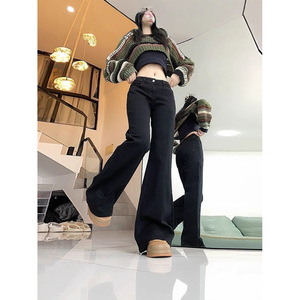 กางเกงยีนส์ขาบานสีดำของผู้หญิงเอวสูงอเนกประสงค์ทรงหลวมสลิมยืดทันสมัยสำหรับฤดูใบไม้ผลิ2025ฤดูใบไม้ร่วง - Product Image 6