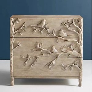 Commode à 3 tiroirs en bois massif, buffet rustique fait main avec relief floral, meuble de rangement antique pour salon - Product Image 1