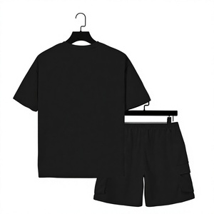 Ensemble T-shirt et short cargo oversize noir pour homme, col rond, uni, décontracté, été, tricoté, 100% coton, respirant, 220 grammes - Product Image 2