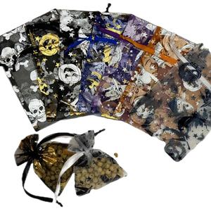 Truco o trato de Halloween, bolsa de dulces, patrón de calabaza de Calavera, bolsillo con cordón de organza - Product Image 1